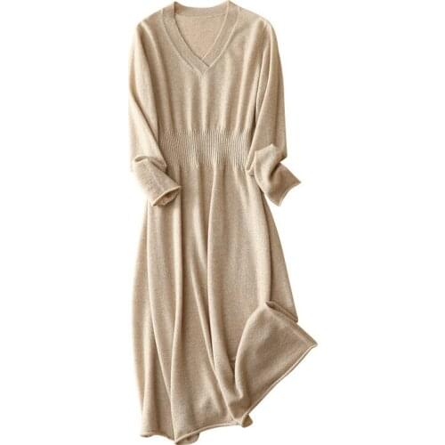 Shuchan Women Sweater Dress 100% Cashmere Pullover Office Lady A-LINE Mid-Calf V-Neck Winter Warm High Quality Elastic Waist
