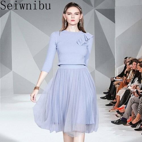 Winter Fashion 2 Pieces Knitted Mesh Dresses Womens Runway Elegant Ruffles Slim A-line Dress Casual Party Vestidos