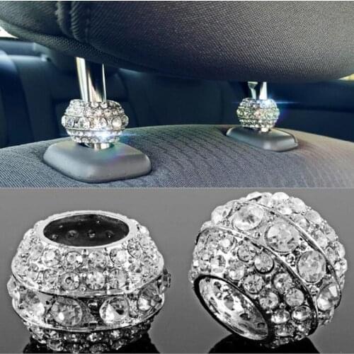 2 X Icy Crystal Car Seat Headrest Collar Decor Charms Diamond Bling Car Interior Accessories For Women Rhinestone Universal