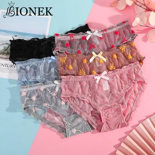 BIONEK Sexy Love Woman Bow Panties Summer New Briefs Sexy Lace Thin Breathable Girl Underwear Transparent Lace Woman Panties