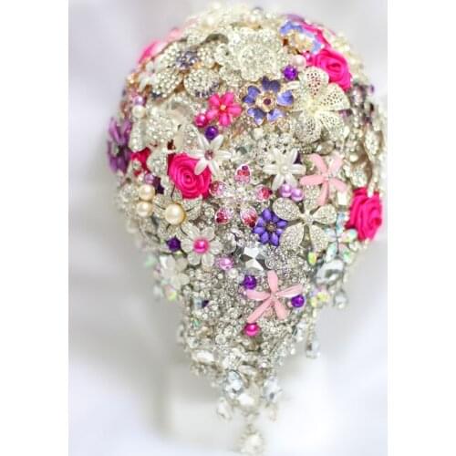 Bride Drop Brooch bouquet custom made Wedding Purple & pink Jewelry Bride 's bridal bouquets Teardrop holding flowers decoration