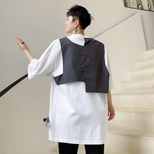 Summer wear ins personality back structure color contrast stitching Korean mens loose short sleeve T-shirt youth hip hop T-shir