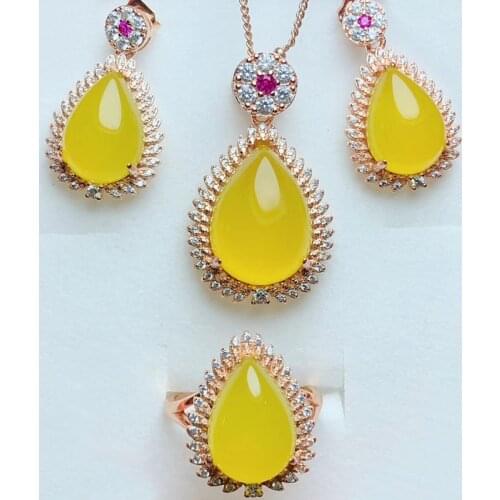 Fine Jewelry Green Chalcedony Ring of Necklace Earrings 925 Silver Three Women Suit Craft