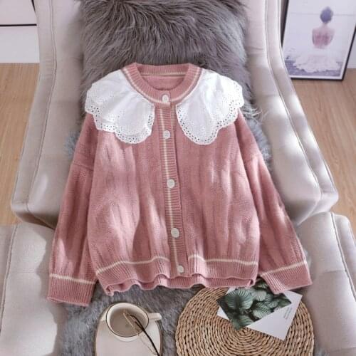 New Sweet Korean Women Sweater Cardigans Long Sleeve Twist Cream Knit Jacket Lace Cardigans Button Up Poncho Oversized Knit coat