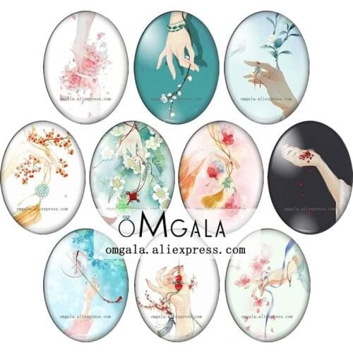 Beauty Chinese classical woman hand paintings 13x18mm/18x25mm/30x40mm Oval photo glass cabochon flat back Making findings