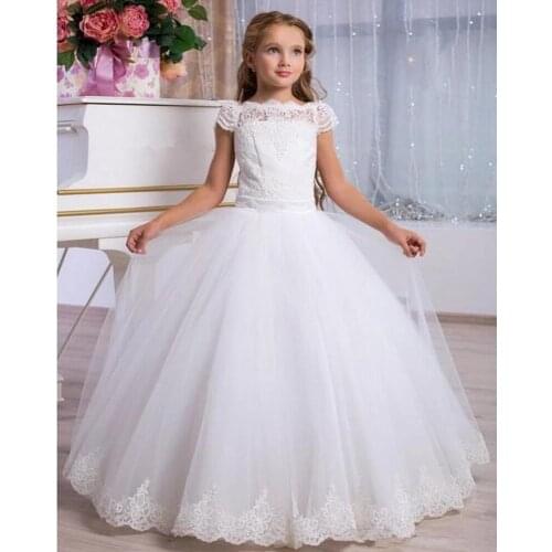 Lace Flower Girl Dresses For Wedding Birthday Pageant Short Sleeve Cut Out Back Lace Up Ruffle Tulle Ball Gown