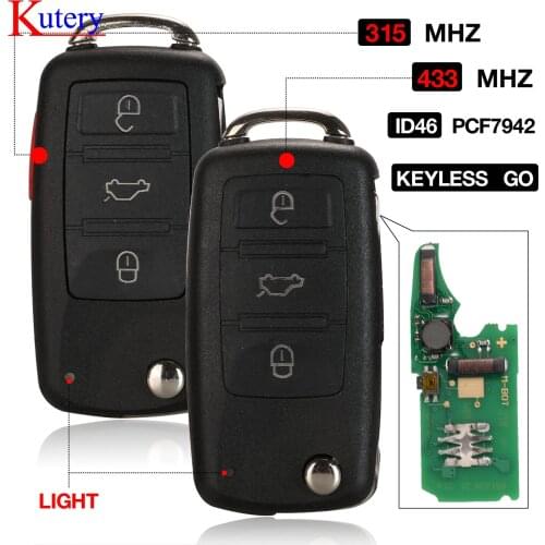 Kutery 3/4 Buttons Remote Key System 315/433MHz ID46 Flip Remote Car Key Fob For Volkswagen Touareg VW Phaeton keyless go