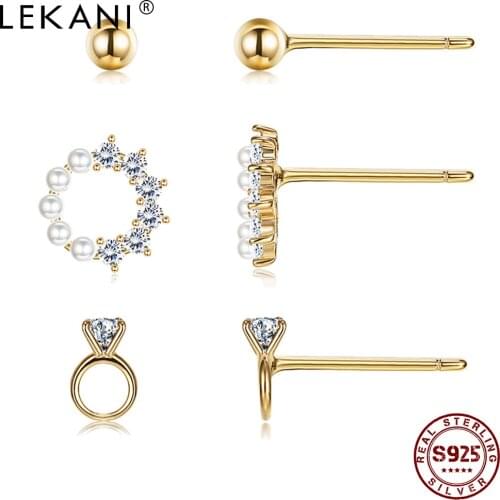 LEKANI 925 Sterling Silver Earrings For Women 5A Cubic Zirconia And Pearl Stud Earrings Korean Exquisite Small Earring Set