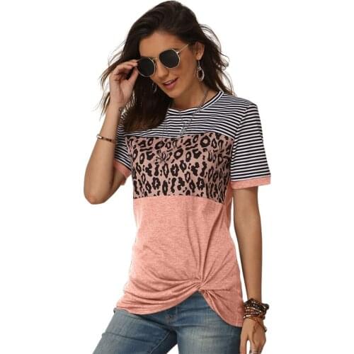 Summer Stripes Leopard Print Women Short Sleeve T-shirt Casual Loose O-neck Streetwear Tops Large Size Ladies Tee Shirt Femme