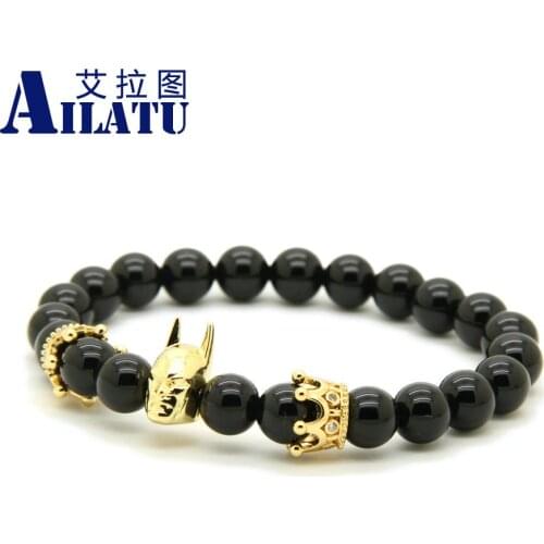 Ailatu 10pcs/lot Fashion Roman Knight Crown Bracelet 8mm A Grade Black Onyx Stone Beads Fine Men Women Charms Jewelry
