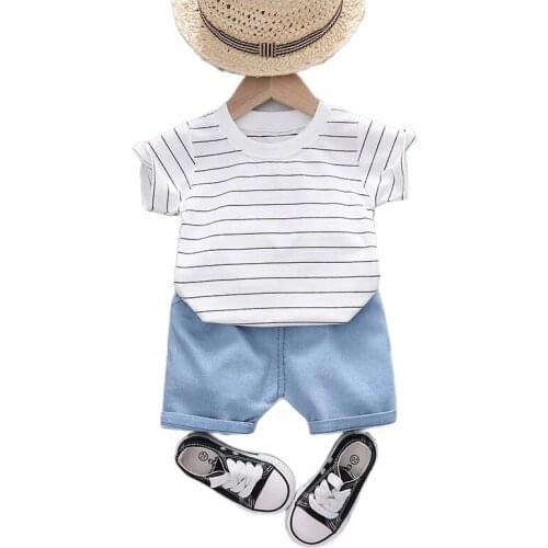 New Summer Baby Boys Girls fashion Clothing Sets Toddler Infant Stripe T-Shirt +denim Shorts Children Kids Casual Clothing Suits
