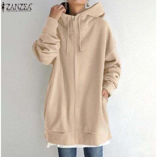 ZANZEA 2021 Autumn Sweatshirt Fashion Women Hoodies Coats Outwear Casual Hooded Long Sleeve Jackets Solid Zipper Overcoats 5XL