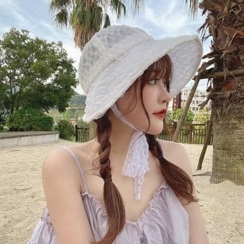 Women Floral Bucket Hat with Ribbon Retro Lace Wide Brim Visor Summer Sun Cap Fisherman Hat