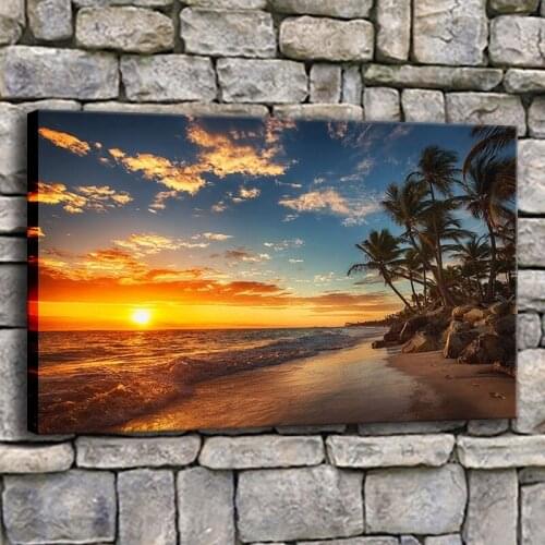 Canvas Print Poster Home Decor 1 Piece Sunset Beach Tree Seascape Painting Living Room Tropical Island Sunrise Pictures Wall Art