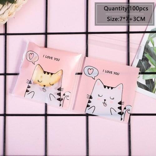100pcs/lot Cookies Self Adhesive Bag Bottom Cute Transparent Cat Heart Homemade Handmade Soap Biscuits Birthday Party Gift Bag
