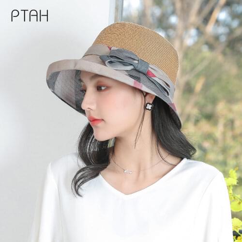 [PTAH] Fashion Sun Protection Hats Womens Straw Cloth Foldable Hats Breathable Lightweight Visors Anti-UV Beach Shopping Casual