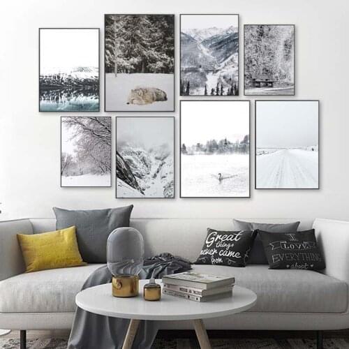 Scandinavian Snow Mountain Landscape Wall Art Canvas Painting Winter Nature Senery Poster Nordic Wall Picture for Living Room