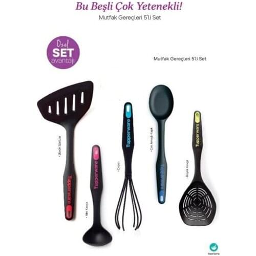 Tupperware Mutfak Gerçleri 5 Parça Set, Büyük Spatula, Çırpıcı, Büyük Kevgir, Mini Kepçe, Çok Amaçlı Kaşık