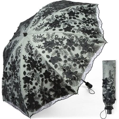 Ultraviolet-proof Embroidery Umbrella Quality Dual-Folding semi-Automatic Umbrella Rain Women Travel Compact wedding Umbrella