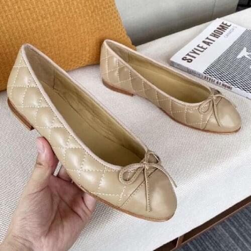 Plaid Ballet Shoes Round Toe Loafers Shallow Mouth Single Shoes Retro Stitching Flat Shoes Solid Color Bow Womens Shoes