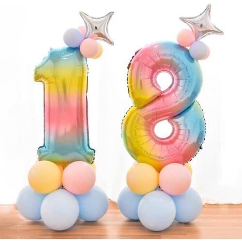 15Pcs/set Rainbow Aluminium 32 inch Gradient Number Balloons Baby Shower Happy Birthday Decoration Supplies Balloons Stand