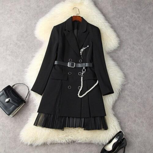 European and American womens wear new autumn 2022 Long sleeves and double breasted buttons beaded belt gauze pleated dress