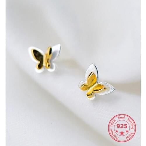 2019 Real 100% 925 Sterling Silver GoldColor Butterfly Stud Earrings For Women Birthday Party Fine Jewelry Classic Bijoux Gift