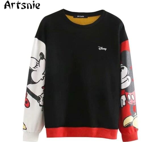 Artsnie disney mickey cartoon womens sweatshirt autumn o neck long sleeve oversized hoodie patchwork casual sweatshirts female