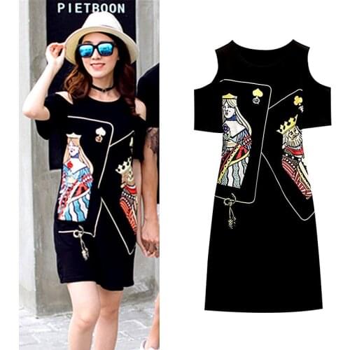 Summer Dress Women Cartoon Casual High Street Long Tdress King Queen Cards Printed Dresses Hollow Out Dresses Vestidos SY078