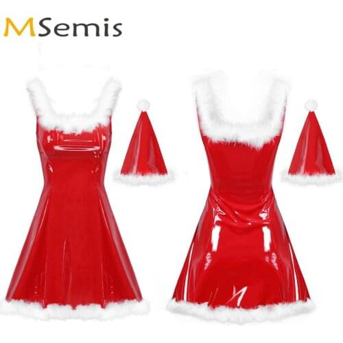 Womens Naughty Santa Claus Latex A-Line Dress Fancy Christmas Cosplay Costume White Feather Trim Leather Dress with Hat Clubwear