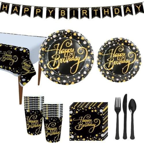 Gold Black Birthday Party Wedding Disposable Tableware Paper Plate Cup Napkin Banner Happy Birthday Party DIY Home Decoration