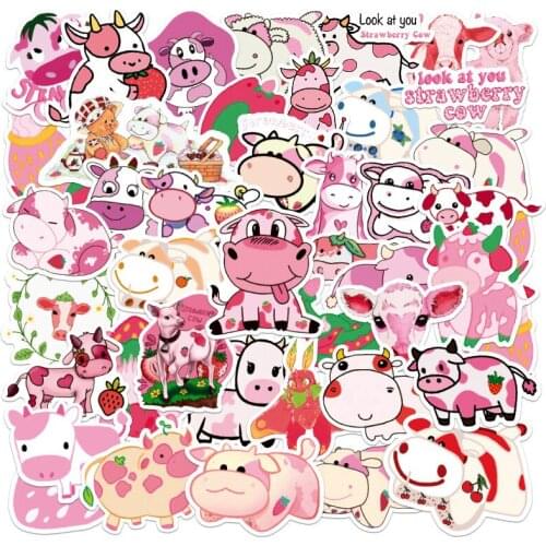 50PCS Kawaii Pink Strawberry Cow Cute Stickers DIY Skateboard Guitar Laptop Luggage Phone PVC Decal Graffiti Stickers Kids Toys