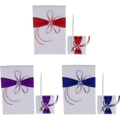 3pcs Satin Crystal Guest Book Pen And Pen Stand Wedding Reception Ribbon Flower Girl Basket Ring Pillow Guest Book Pen Garter
