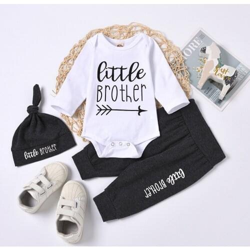 0-18M Baby Boys Clothes Set Letter Print Long Sleeve Romper + Trousers + Hat Spring Autumn 3Pcs Casual Litter Brother Outfits