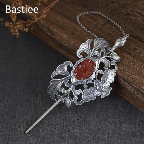 Bastiee Peony Flower 925 Sterling Silver Hair Stick Luxury Chinese Wedding Jewelry Vintage Hairpins Women Jewellery Tie Hair