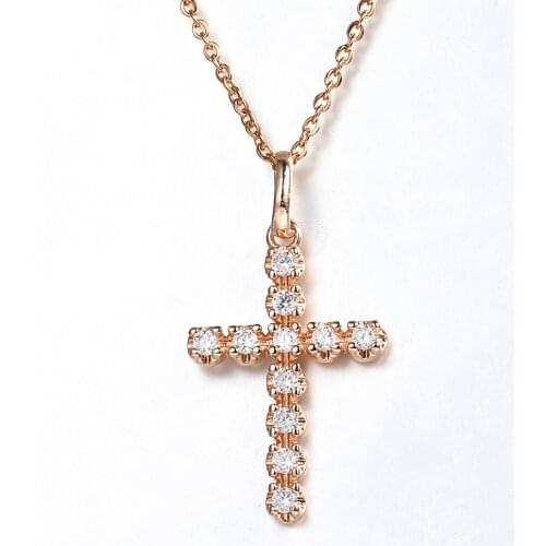 Cross Pendant Necklace for Women Girls 585 Rose Gold Clear Cubic Zirconia Rolo Cable Link Chain Jewelry 20inch Jewelry DGP408