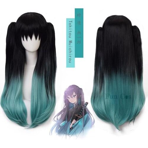 Anime Demon Slayer Tokitou Muichirou Cosplay Long Wig Kimetsu No Yaiba Heat-resistant Fiber Hair + Free Wig Cap for Woman Girls