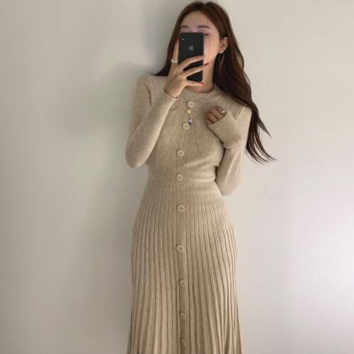 Elegant Korean Solid Color Bodycon Pleated Dress Women O Neck Slim Waist Knitting Dresses Long Sleeve Warm Winter Female Clothes