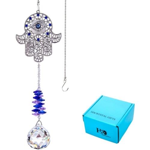 H&D Window Hanging Crystal Suncatcher Ornament with Hamsa Hand Blue Evil Eye Protection Charms For Home Garden Decorations