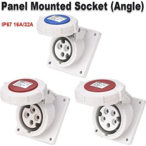IP67 16A/32A/63A Waterproof Industrial Socket,220/380V 3 Pole 4 Pole 5 Pole,Waterproof Panel Mounted Socket Angel 45