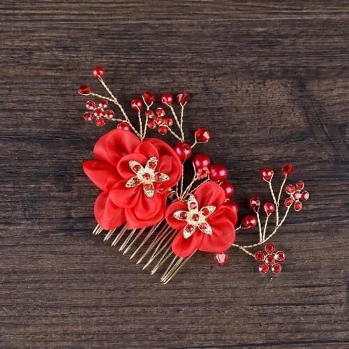 Chinese Red Style Bridal Hair Combs Rhinestone Handmade Wedding Hair Accessories Yarn Floral Style Pearl Hair Comb