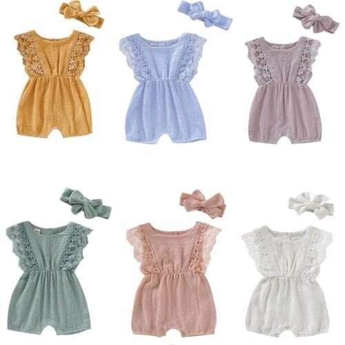 2 Pcs Baby Girl Rompers Newborn Baby Clothes Toddler Flare Sleeve Solid Lace Design Romper Jumpsuit With Headband