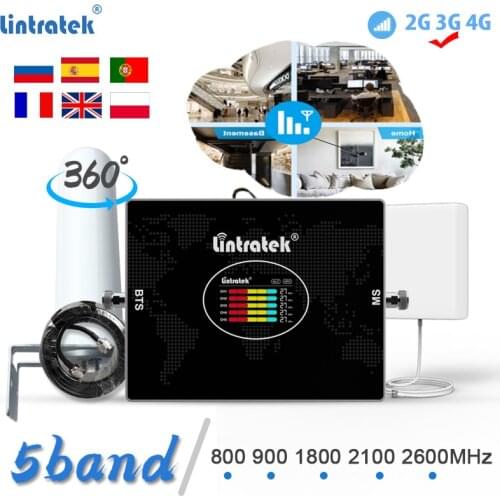Lintratek Five Band 4G Cellular Amplifier 4G 800 2G GSM B8 900 Repeater B3 1800 3G WCDMA B1 2100 B7 2600MHz 70db Signal Booster