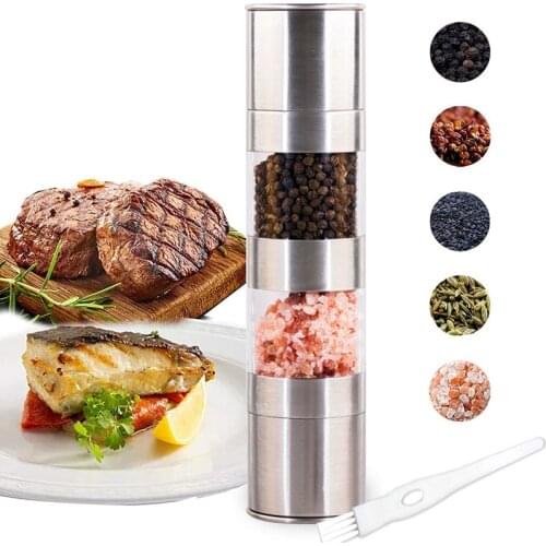 2020New Salt and Pepper 2 in 1 Adjustable Ceramic Pepper Mill Salt Grinder Stainless Steel Spice Grinder for Home Restaurant