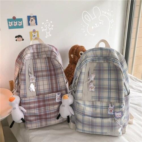 Harajuku Fashion Backbags For Women All-match Grid School Backpacks Nylon Waterproof Student Travel Bags