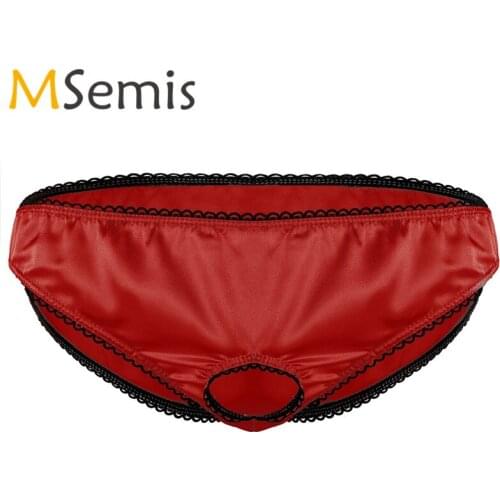 Swimwear Mens Swimsuit Bikini Underwear with Penis Hole Open Front Penis Hole Satin Low Rise Bikini Briefs Panties