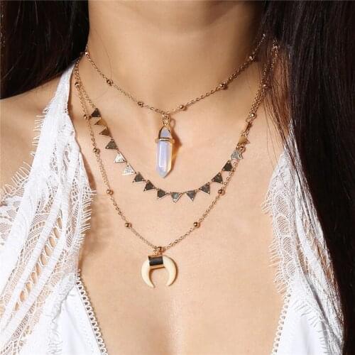 New-Gothic Big Geometric Natural Stone Choker Necklaces For Women 3 Layer Moon Necklaces & Pendants Bijoux Femme