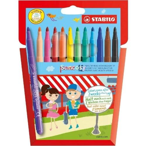 STABILO 280/12-01 Power Felt Tip Pen - Wallet of 12, Multicolour,Up To 5 Week Cap Off Time Without Drying Out, for Students