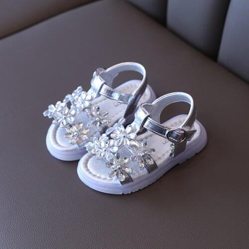 Girls Sandals 2021 Summer New Childrens Rhinestone Princess Shoes Girl Flower Open Toe Soft Bottom Breathable Baby Beach Shoes