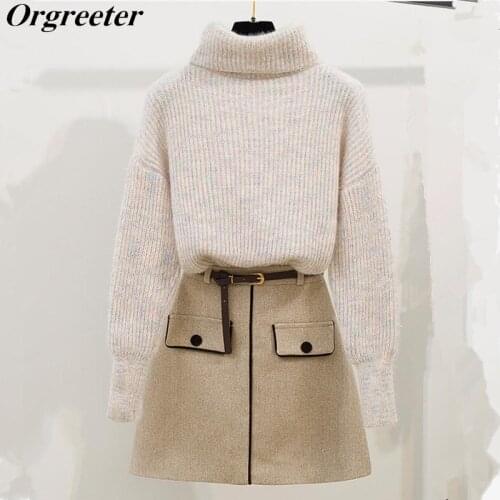 Turtleneck Pullover Sweater and Woolen Skirt 2 Piece Set Fall Winter New Knitted Jumper Tops and Button A-line Mini Skirt Suits